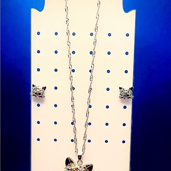 NWOT - Multi-Colored Rhinestone Kitty Necklace AND Earrings!!!! - Picture 2 of 8